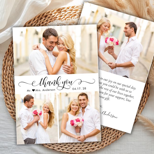 Elegant Calligraphy Script 3 Photo Collage Wedding Thank You Card (Creator Uploaded)