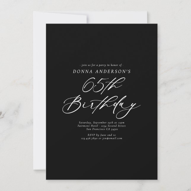 Elegant Calligraphy Script 65th Birthday Party Invitation (Front)