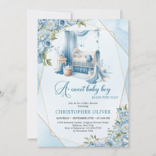 Elegant calligraphy script baby crib floral boy invitation