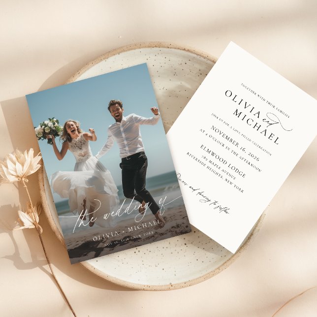 Elegant Calligraphy Script Beach Photo Wedding Invitation (Creator Uploaded)