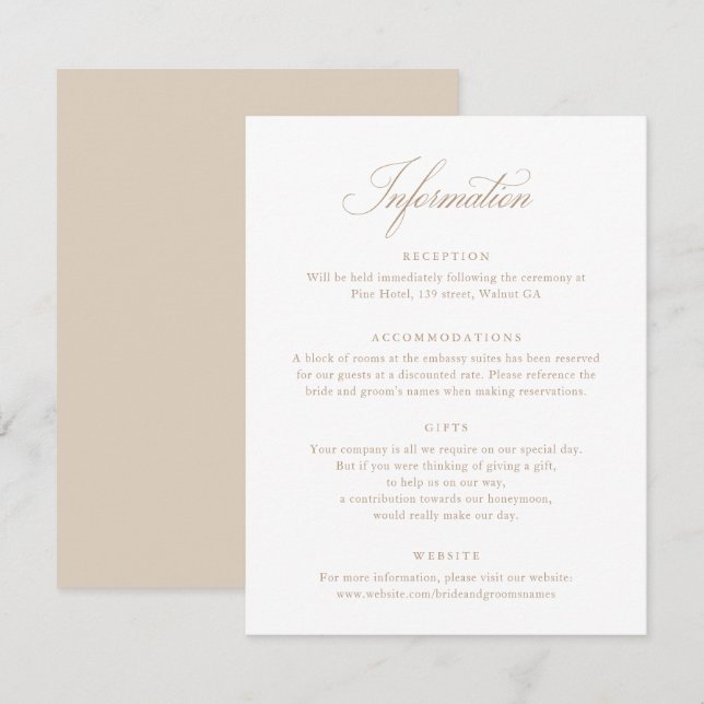 Elegant Calligraphy Script Beige Wedding Info Card (Front/Back)