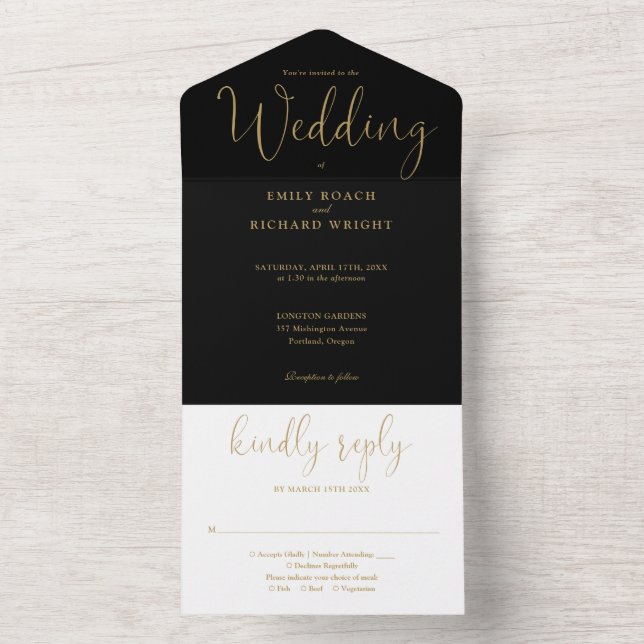 Elegant Calligraphy Script Black And Gold Wedding All In One Invitation (Inside)