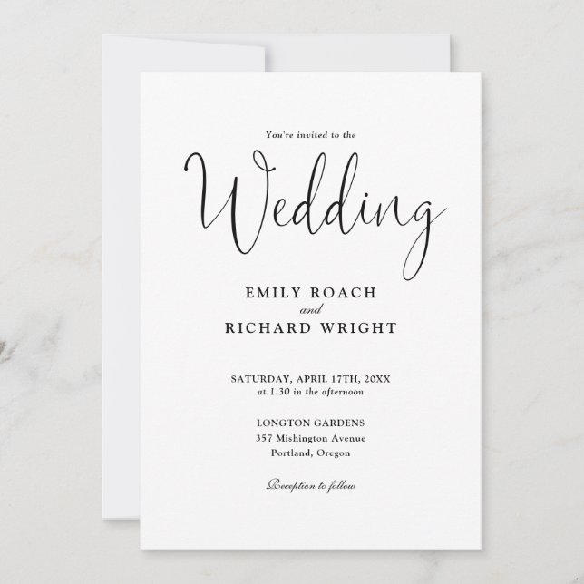 Elegant Calligraphy Script Black And White Wedding Invitation (Front)