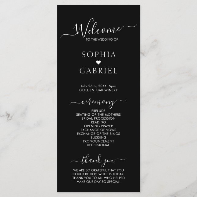 Elegant Calligraphy Script Black Wedding Ceremony Programme (Front)