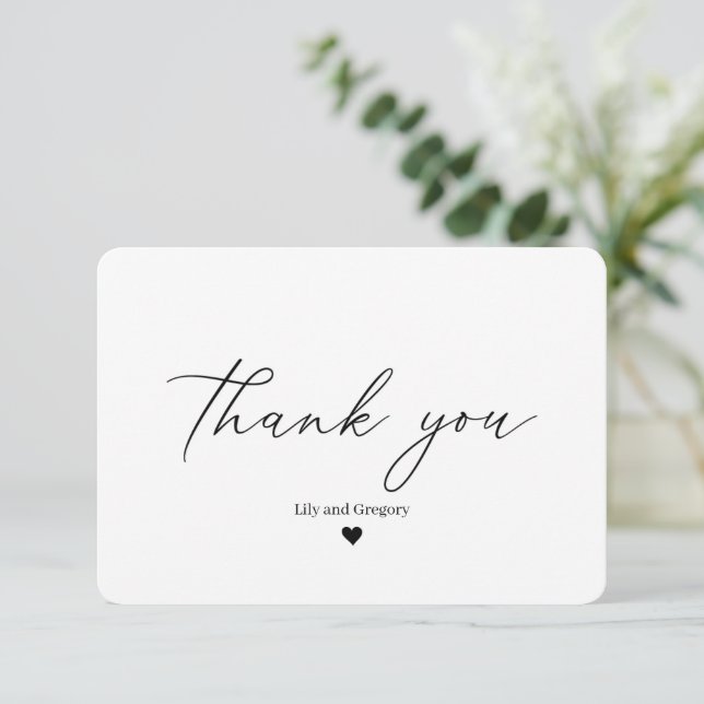 Elegant Calligraphy Script Black White Heart Thank You Card (Standing Front)