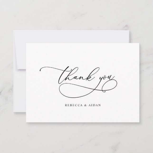 Elegant Calligraphy Script Black & White Wedding Thank You Card (Front)