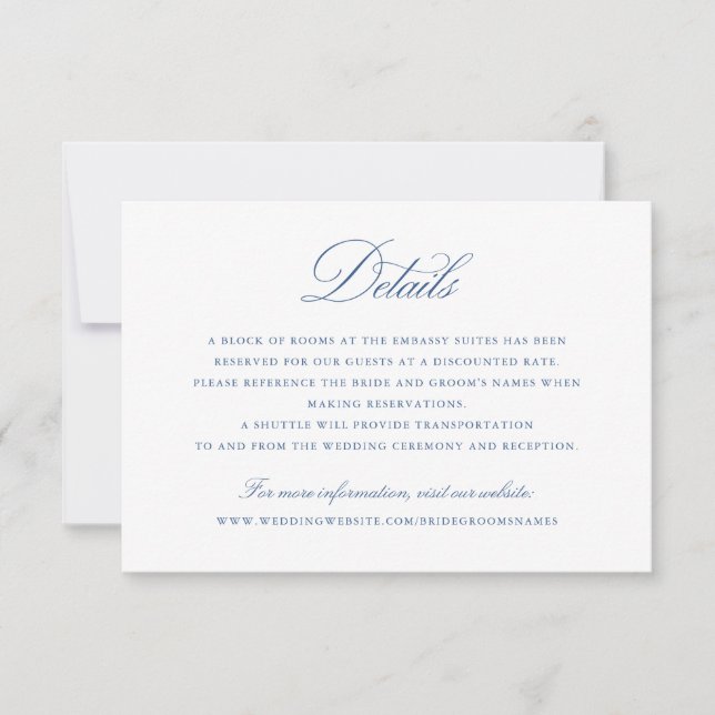 Elegant Calligraphy Script Blue Wedding Details Invitation (Front)