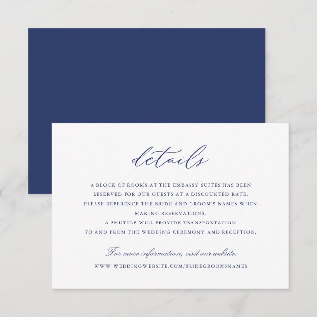 Elegant Calligraphy Script Blue Wedding Details Invitation (Front/Back)