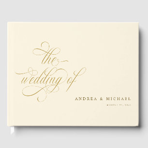 Elegant Calligraphy Script Cream and Gold Wedding Guest Book