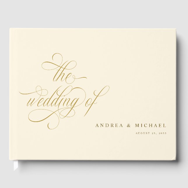 Elegant Calligraphy Script Cream and Gold Wedding Guest Book (Front)