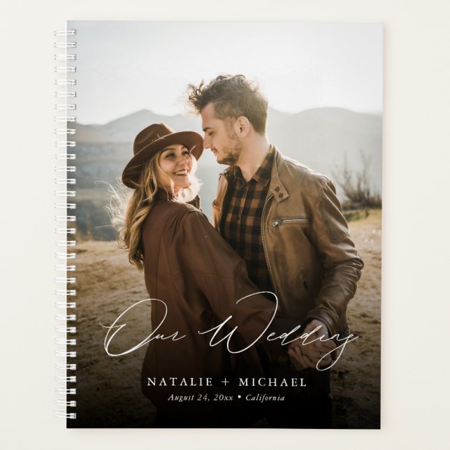 Elegant Calligraphy Script Custom Photo Wedding Planner (Front)