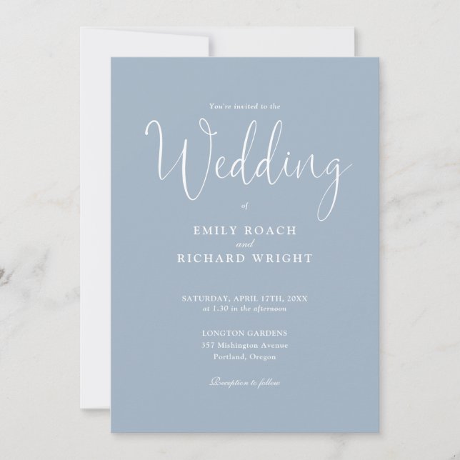 Elegant Calligraphy Script Dusty Blue Wedding Invitation (Front)