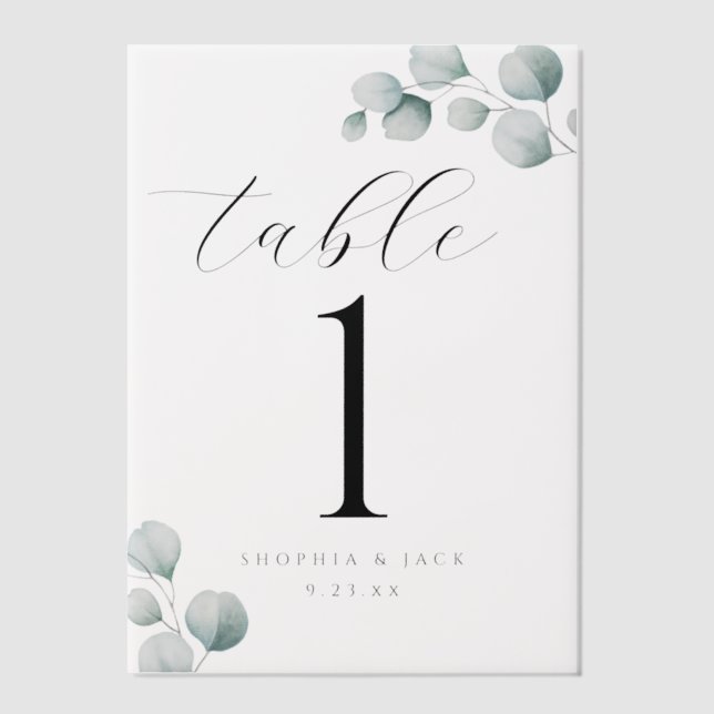 Elegant Calligraphy Script Eucalyptus table number (Front)