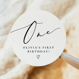 Elegant Calligraphy Script First Birthday Favour Classic Round Sticker