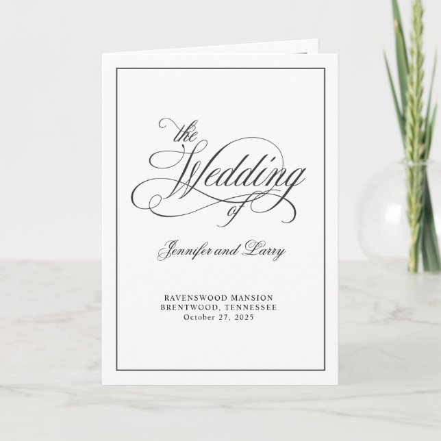Elegant Calligraphy Script Folded Wedding Program Card (Front)