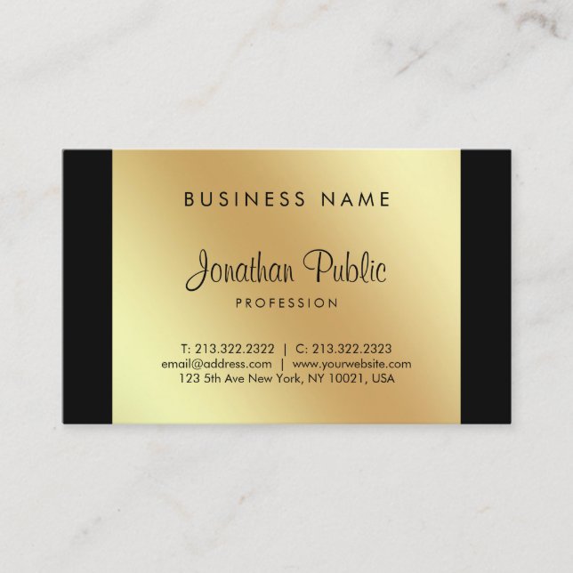 Elegant Calligraphy Script Glamour Black Gold Luxe Business Card (Front)