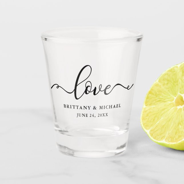 Elegant Calligraphy Script Love Wedding Shot Glass (Front)