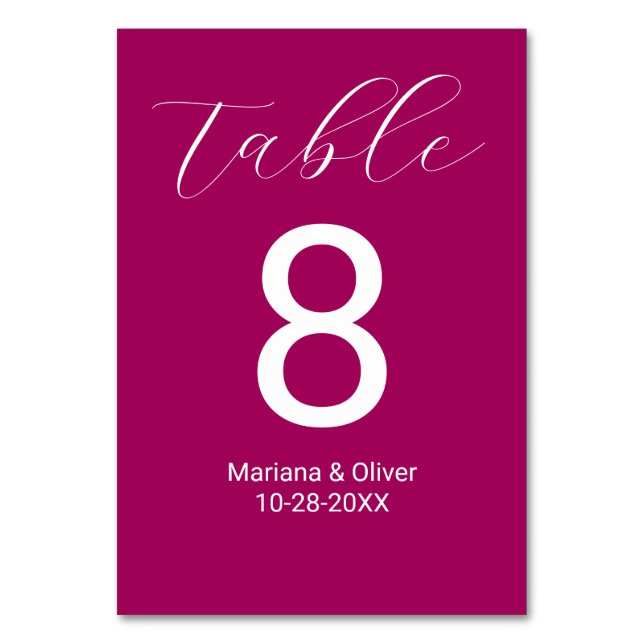 Elegant Calligraphy Script Magenta Wedding Table Number (Front)