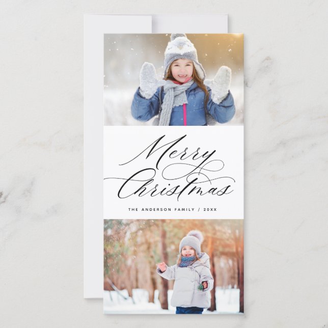 Elegant Calligraphy Script Merry Christmas 2 Photo Holiday Card (Front)