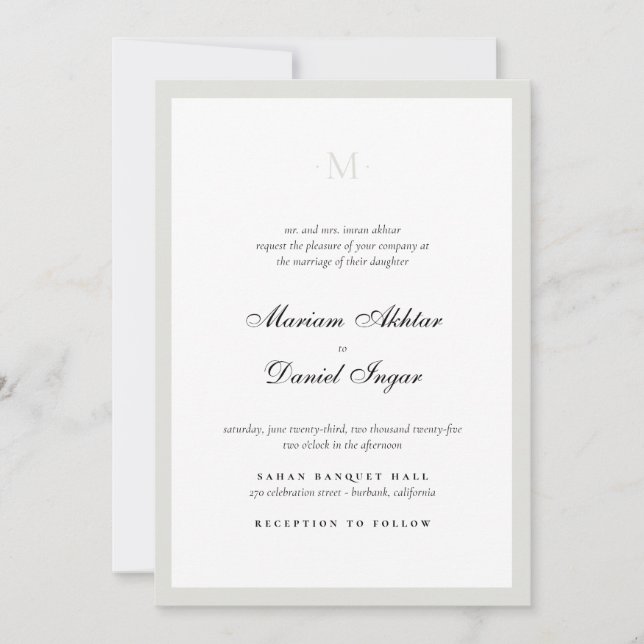 Elegant Calligraphy Script Monogram White Wedding Invitation (Front)