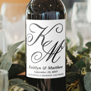 Elegant Calligraphy Script Monogrammed Wedding Wine Label