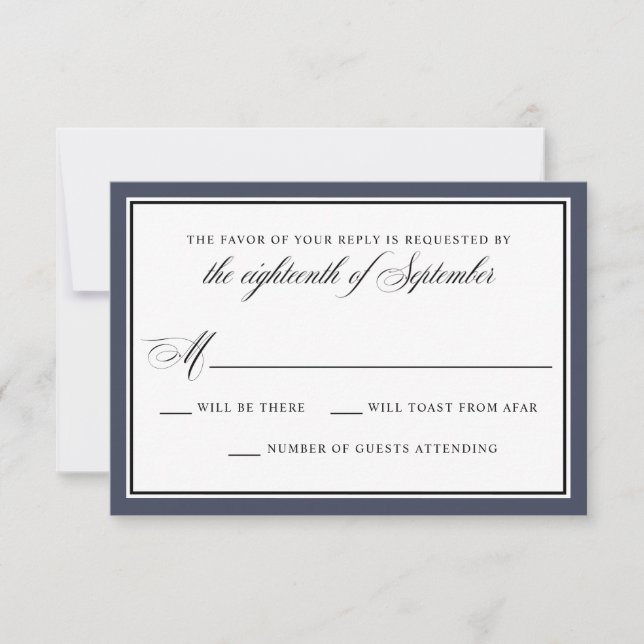 Elegant Calligraphy Script Navy Blue Wedding RSVP (Front)