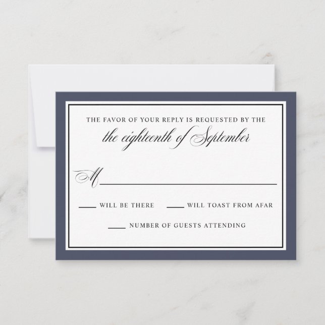 Elegant Calligraphy Script Navy Blue Wedding RSVP  Card (Front)
