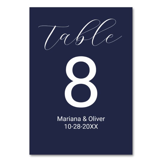 Elegant Calligraphy Script Navy Blue Wedding Table Number (Front)