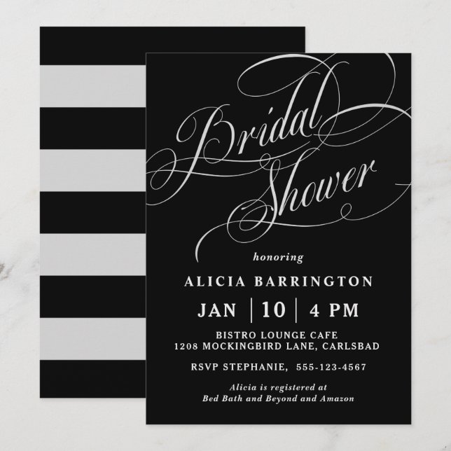 Elegant Calligraphy Script on Black Bridal Shower Invitation (Front/Back)