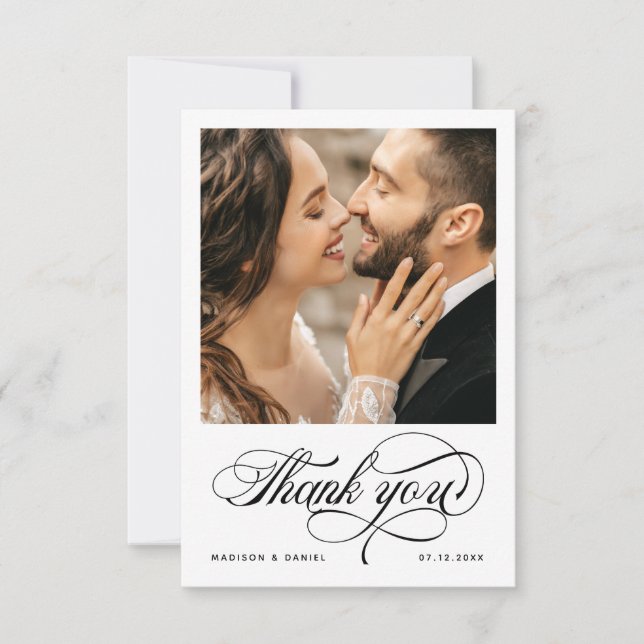Elegant Calligraphy Script Photo Chic Wedding Thank You Card (Front)