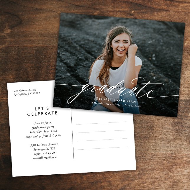 Elegant Calligraphy Script Photo Graduation Invitation Postcard (Creator Uploaded)