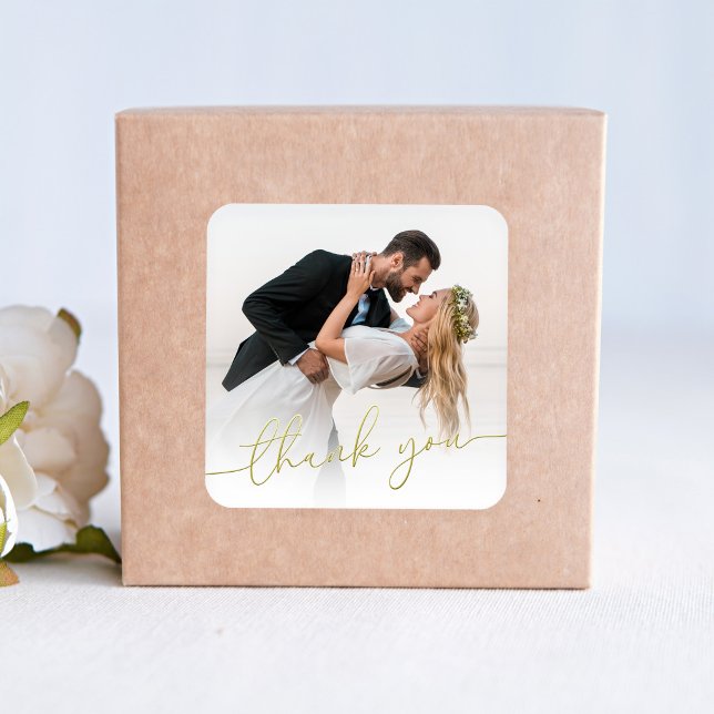 Elegant Calligraphy Script Photo Thank You Wedding Square Sticker (Wedding thank you photo sticker with gold script for favors and envelopes)