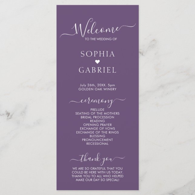 Elegant Calligraphy Script Purple Wedding Ceremony Programme (Front)