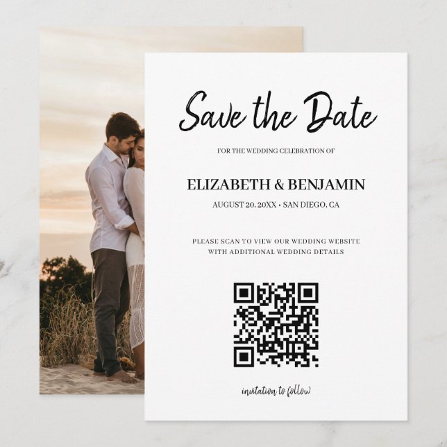 Elegant Calligraphy Script QR Code Photo Save The  Date (Front/Back)
