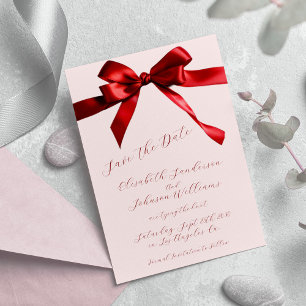 Elegant calligraphy script red bow pink wedding save the date