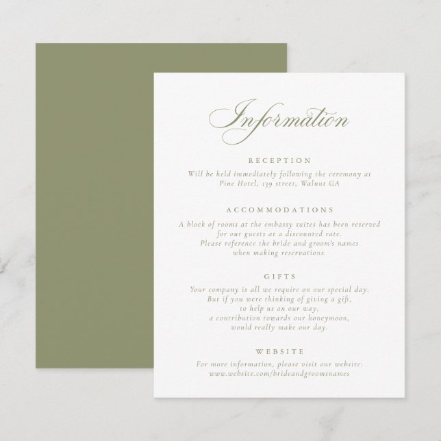 Elegant Calligraphy Script Sage Green Wedding Info Invitation (Front/Back)