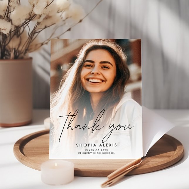 Elegant Calligraphy Script Two Photo Graduation Thank You Card (Creator Uploaded)