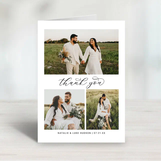 Elegant Calligraphy Script Wedding Photo Collage Thank You Card | Zazzle