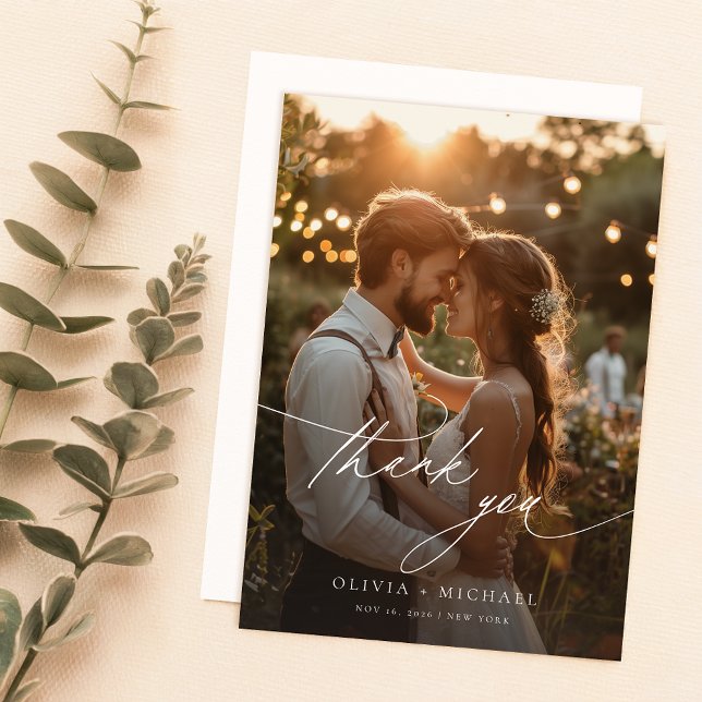 Elegant Calligraphy Script Wedding Photo Thank You Card (Creator Uploaded)