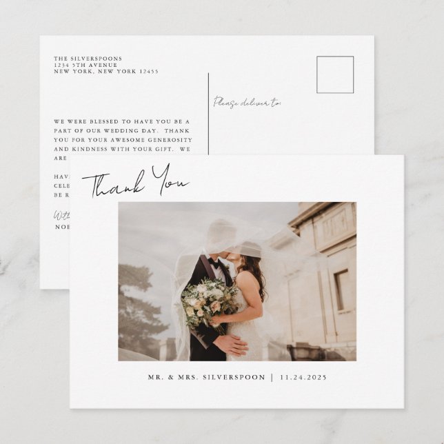 Elegant Calligraphy Script Wedding Photo Thank You Postcard (Front/Back)
