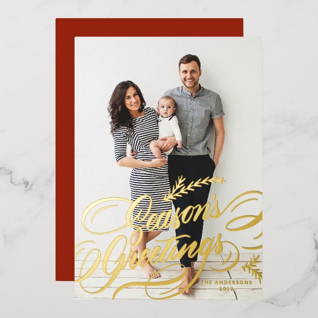 Elegant Calligraphy Season's Greetings Photo Foil Holiday Card (Front/Back)