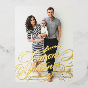 Elegant Calligraphy Season's Greetings Photo Foil Holiday Postcard