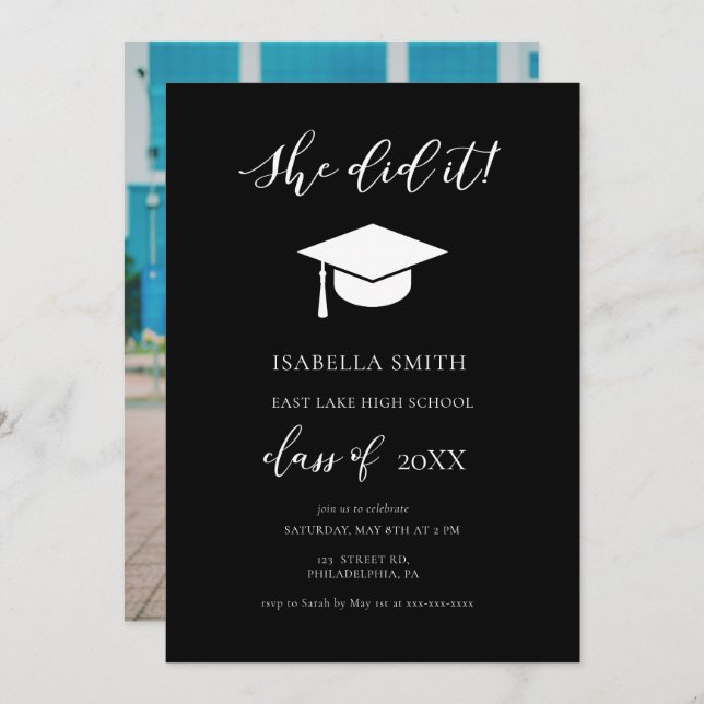 Elegant Calligraphy She Did It Graduation Party Invitation (Front/Back)