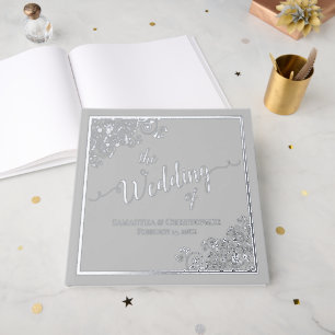 Elegant Calligraphy Silver Foil on Grey Wedding Guest Book