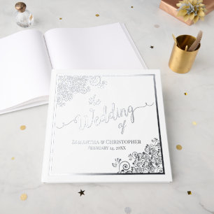 Elegant Calligraphy Silver Foil on White Wedding Guest Book