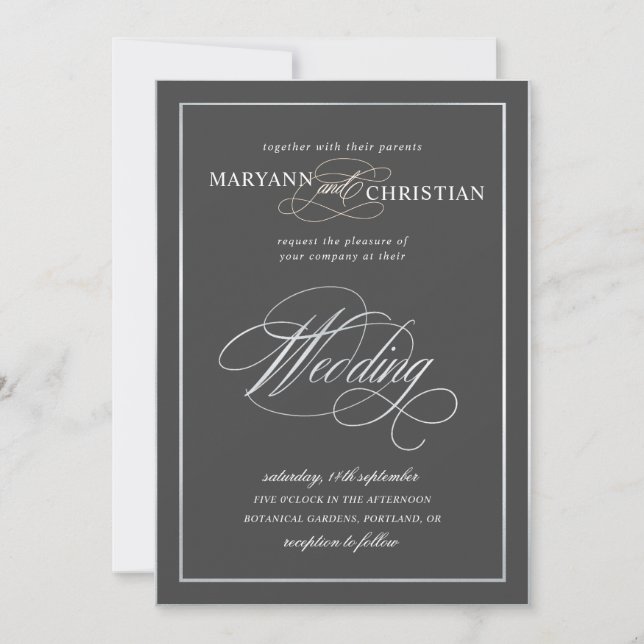 elegant calligraphy silver grey wedding invitation (Front)