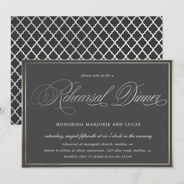 elegant calligraphy silver Rehearsal Dinner Invitation (Front/Back)