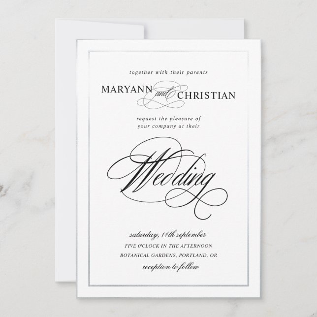 elegant calligraphy silver wedding invitation (Front)
