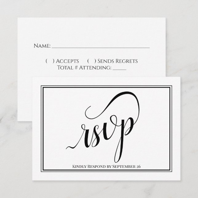 Elegant Calligraphy Simple Black & White Wedding RSVP Card (Front/Back)
