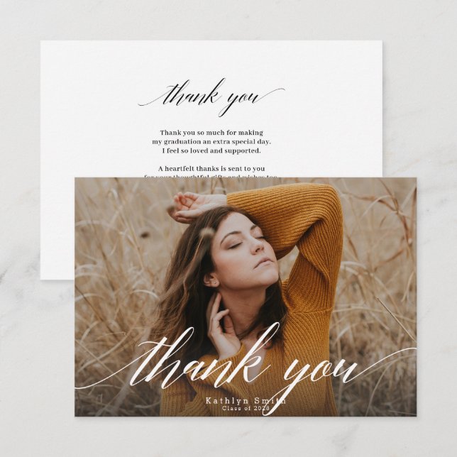 Elegant Calligraphy Simple Chic Photo Graduation Thank You Card (Front/Back)